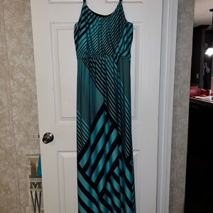 Chic Striped Maxi Dress in Black and Teal